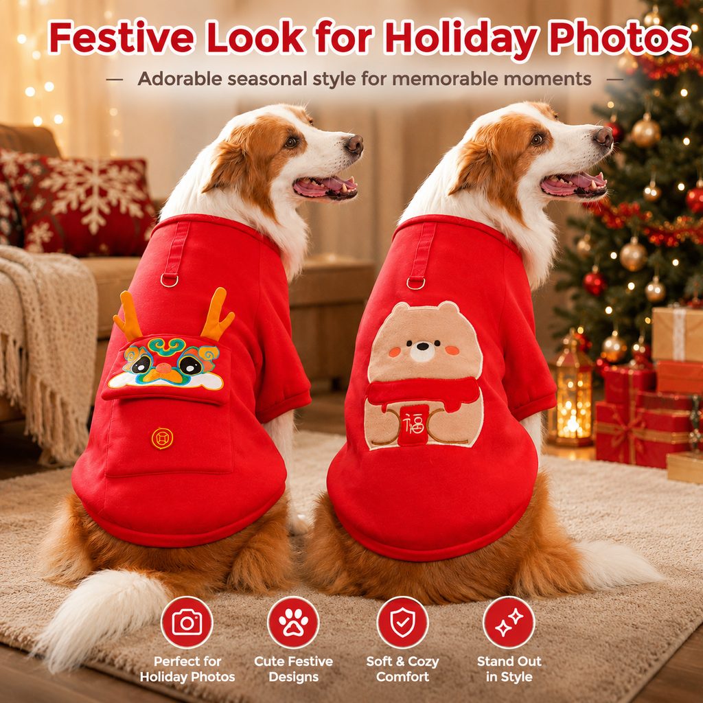 Ortekor Warm Dog Sweatshirt for Cold Weather - Cozy Red Pullover for Indoor Lounging, Winter Walks & Lunar New Year Photos, XS-5XL