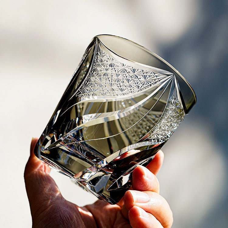 Japanese Cut Crystal Whisky Tumbler with Flame-Carved Pattern & Presentation Box for Spirits