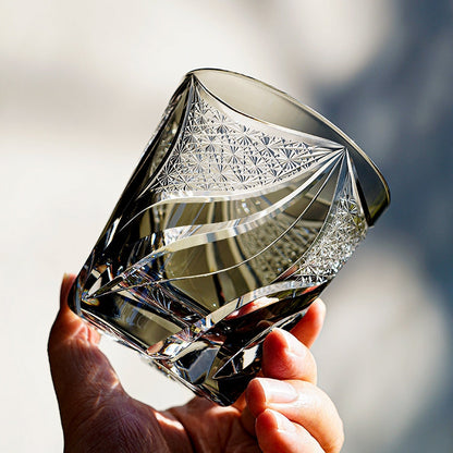 Japanese Cut Crystal Whisky Tumbler with Flame-Carved Pattern & Presentation Box for Spirits