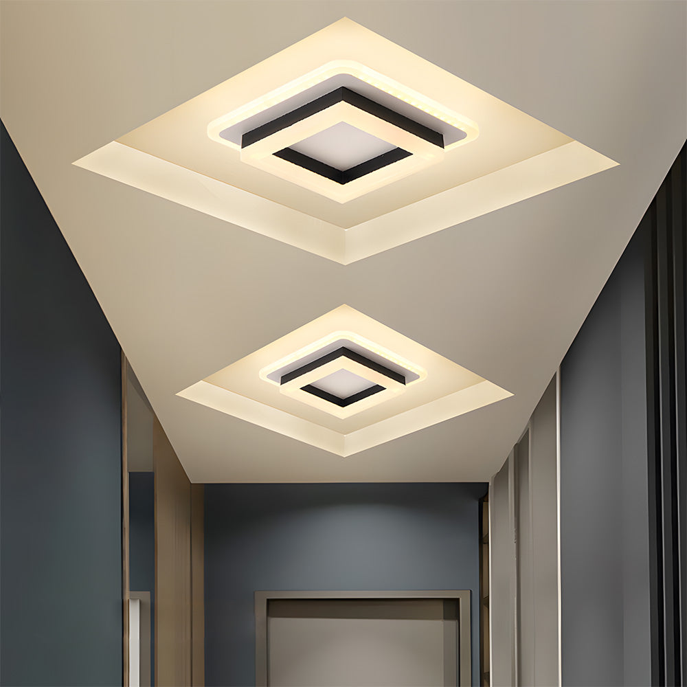 Square Flush Mount LED Ceiling Light 1920 Lumens for Bedroom Hallway Living Room Modern Geometric Low Profile Black White Layered Design Con