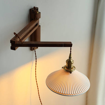 Swing-Arm Sconce with Ribbed Glass Shade 8.3 Inch Light Wood Walnut Brass Accent Fixture for Bedroom Hallway Entryway Reading Adjustable Mou