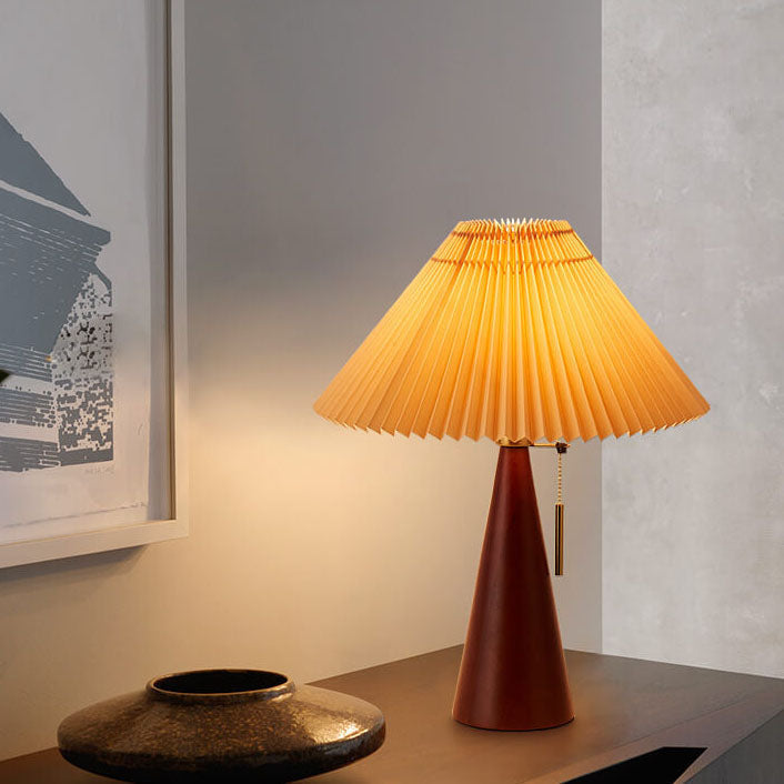 Wooden Bedside Lamp with Pleated Shade 14 in Dimmable Fabric Accent Light for Bedroom Living Room Reading Nook Japandi Scandinavian Decor