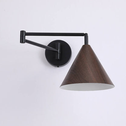 Swing Arm Wall Sconce with Conical Shade for Bedside Reading, Adjustable Iron Fixture in Walnut Finish, E26 Base, Bedroom Task Light