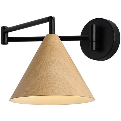Swing Arm Wall Sconce with Conical Shade for Bedside Reading, Adjustable Iron Fixture in Walnut Finish, E26 Base, Bedroom Task Light