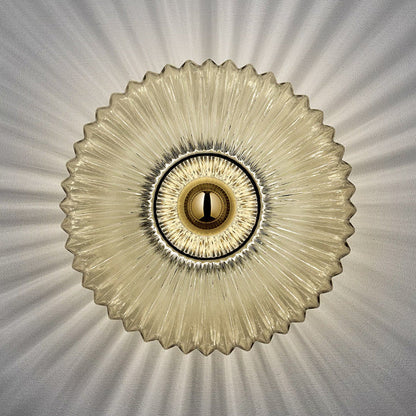 Ribbed Glass Disc Wall Light with Metal Mount | Scandi Minimalist Accent Lamp for Bedroom, Entryway & Hallway | Hardwired E26 Socket