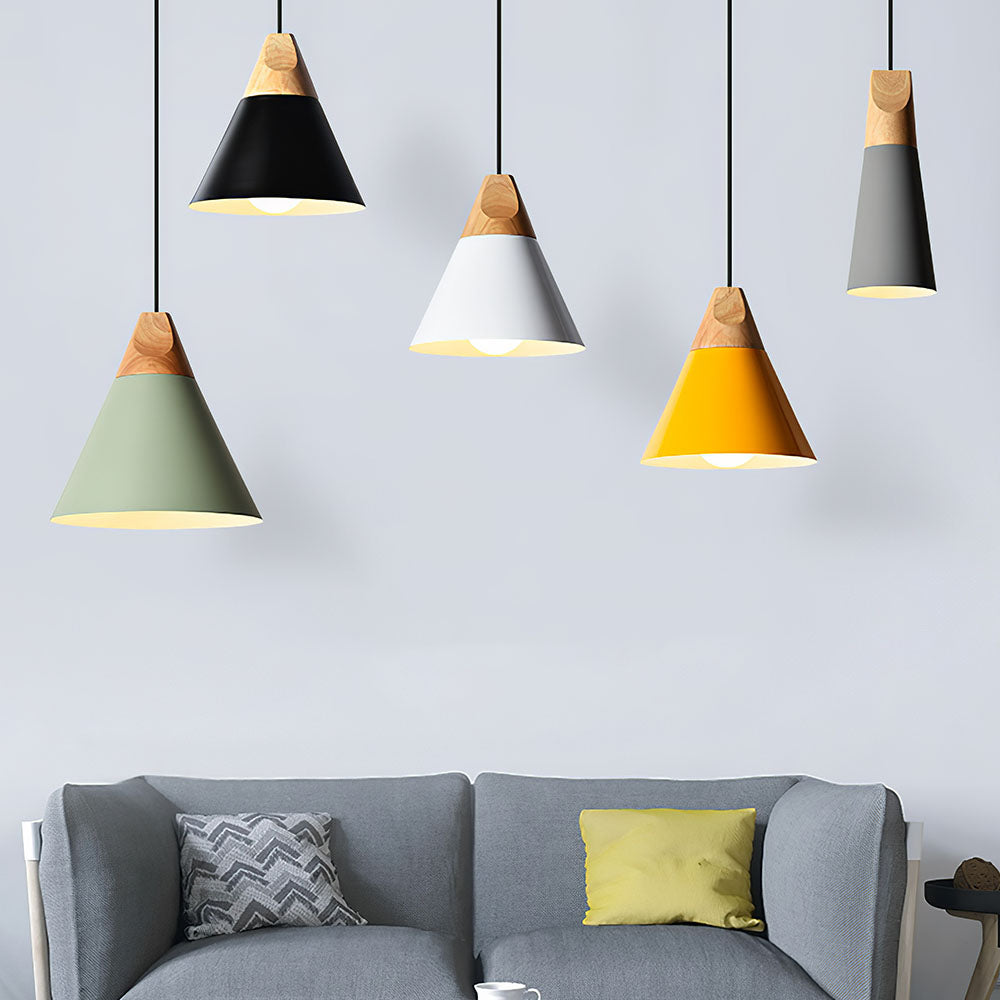 Aluminum & Wood Hanging Lamp E27 Socket Gray Black White Yellow Kitchen Island Dining Table Overhead Fixture Scandinavian Style Modern Minim