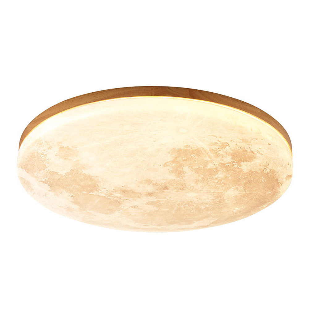 Round Flush Mount LED Ceiling Light with Lunar Surface Design Wood & Acrylic 19 in Diameter for Bedrooms Living Rooms Hallways Modern Ambien