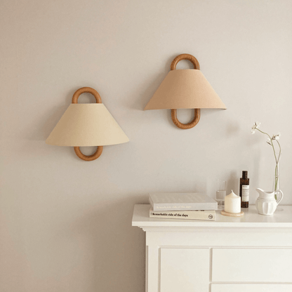 Fabric Half-Moon Wall Sconce with Natural Wood Backplate for Bedroom & Living Room