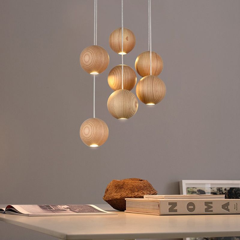 Natural Wood Sphere Pendant Light | Modern Globe Drop Ceiling Lamp for Kitchen Island, Dining Room, Living Room & Restaurant | Adjustable