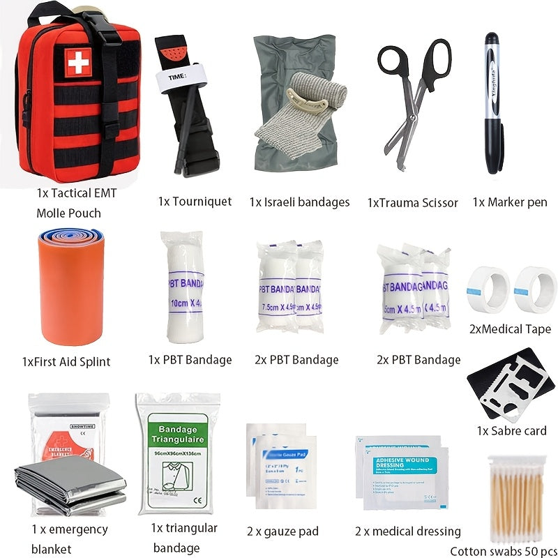 Emergency First Aid Kit with Tourniquet for Outdoor Adventures, Camping & Hiking Survival Trauma Medical Supplies | Compact Portable Bag