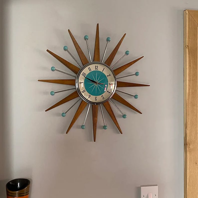 Handcrafted Sunburst Wall Clock Mid-Century Modern Design 16 Inch Silent Battery Operated Decorative Timepiece for Living Room Bedroom