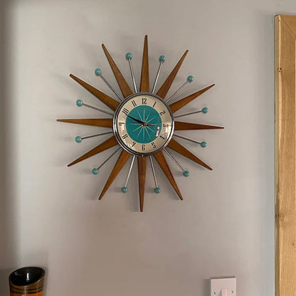 Handcrafted Sunburst Wall Clock Mid-Century Modern Design 16 Inch Silent Battery Operated Decorative Timepiece for Living Room Bedroom