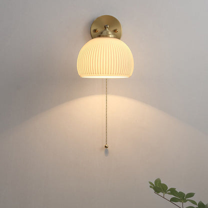 Pull Chain Wall Sconce with Striped Glass Shade – Single-Bulb Hardwired Fixture for Bedroom, Living Room, Hallway