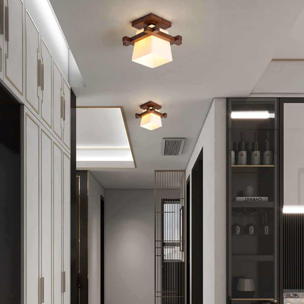 Square Flush Mount Overhead Light Fixture E27 Socket 7.9 Inch White Wood Accent for Bedroom Hallway Living Room Minimalist Scandinavian Mode