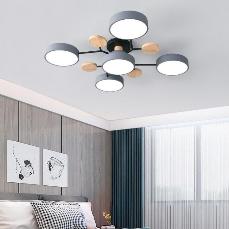 Scandinavian Ceiling Light Fixture 35 in Dimmable LED Flush Mount Wood Iron Acrylic for Bedroom Living Room Kitchen Dining Room Modern Minim