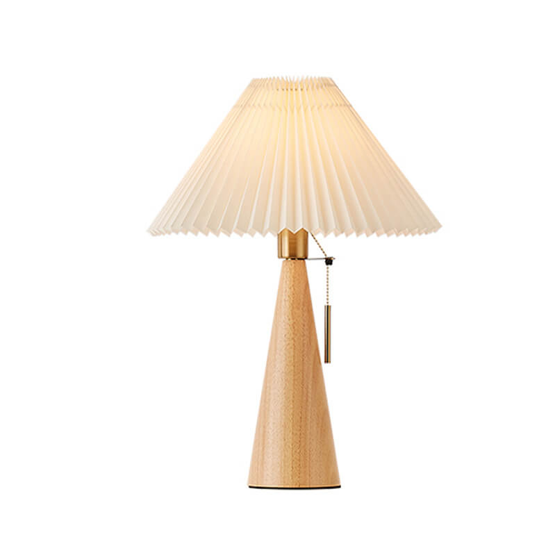Wooden Bedside Lamp with Pleated Shade 14 in Dimmable Fabric Accent Light for Bedroom Living Room Reading Nook Japandi Scandinavian Decor