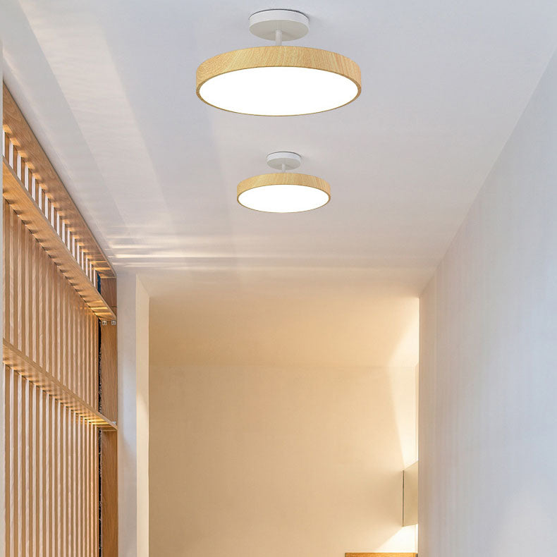 Round Iron Ceiling Light with Wood Grain Finish - Integrated LED Semi-Flush for Bedroom, Living Room & Hallway