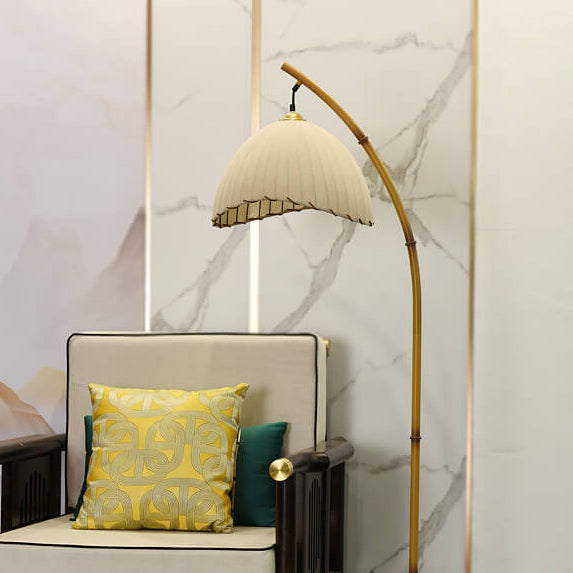 Arched Standing Lamp with Pleated Shade 63 in Natural Finish White Fabric Dimmable Ambient Lighting for Bedroom Living Room Modern Retro Des