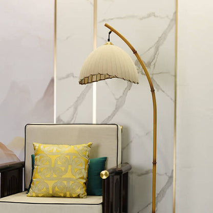 Arched Standing Lamp with Pleated Shade 63 in Natural Finish White Fabric Dimmable Ambient Lighting for Bedroom Living Room Modern Retro Des