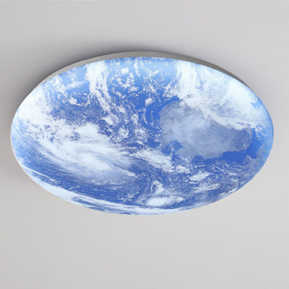 Round Flush Mount LED Ceiling Light with Lunar Surface Design Wood & Acrylic 19 in Diameter for Bedrooms Living Rooms Hallways Modern Ambien