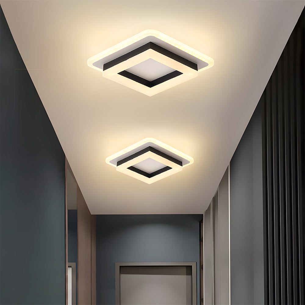 Square Flush Mount LED Ceiling Light 1920 Lumens for Bedroom Hallway Living Room Modern Geometric Low Profile Black White Layered Design Con