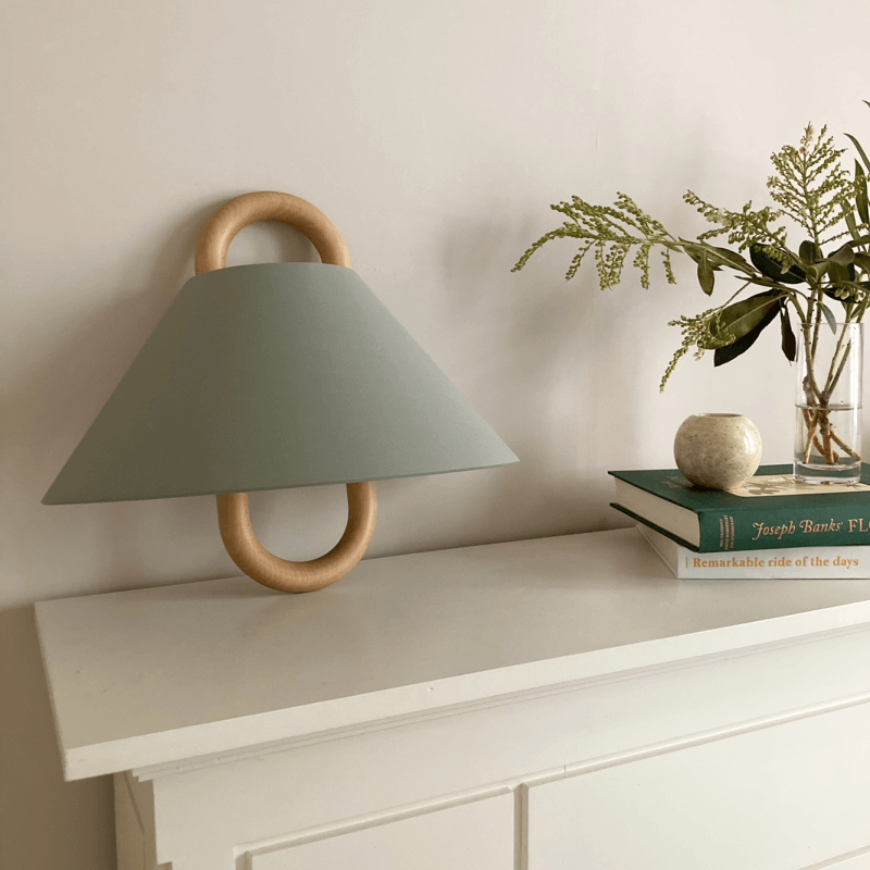 Fabric Half-Moon Wall Sconce with Natural Wood Backplate for Bedroom & Living Room
