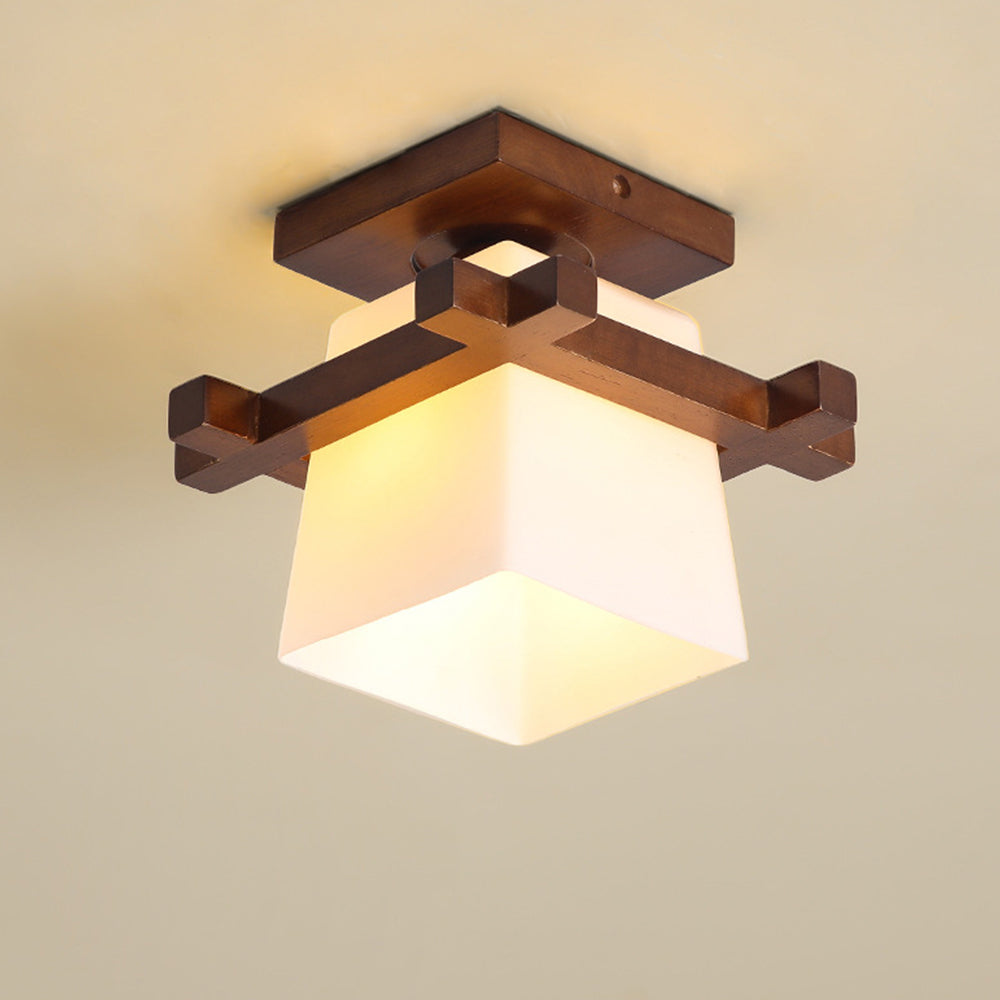 Square Flush Mount Ceiling Light Fixture with Wood Accent, White Shade, E27 Socket for Bedroom, Hallway, Living Room, Minimalist Home Lighti