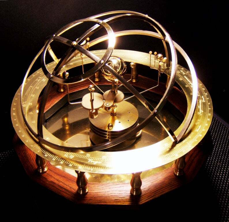 Brass Mechanical Solar System Model with Gemstone Planets & Moons Oak Base Moving Orbit Desk Orrery Educational Science Display Home Decor