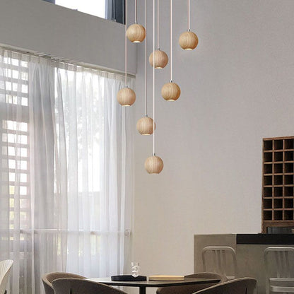 Natural Wood Sphere Pendant Light | Modern Globe Drop Ceiling Lamp for Kitchen Island, Dining Room, Living Room & Restaurant | Adjustable