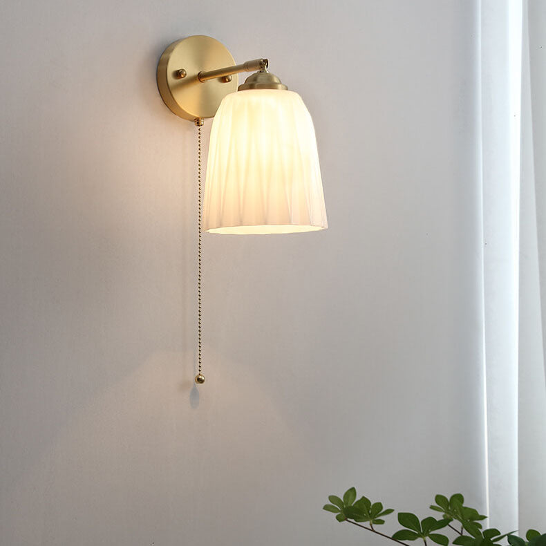 Pull Chain Wall Sconce with Striped Glass Shade – Single-Bulb Hardwired Fixture for Bedroom, Living Room, Hallway