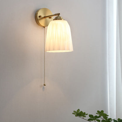 Pull Chain Wall Sconce with Striped Glass Shade – Single-Bulb Hardwired Fixture for Bedroom, Living Room, Hallway