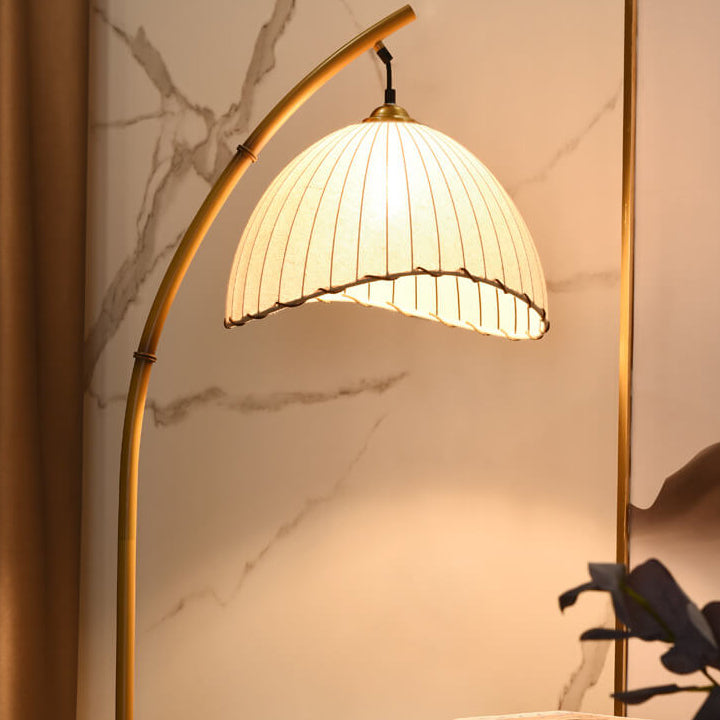 Arched Standing Lamp with Pleated Shade 63 in Natural Finish White Fabric Dimmable Ambient Lighting for Bedroom Living Room Modern Retro Des