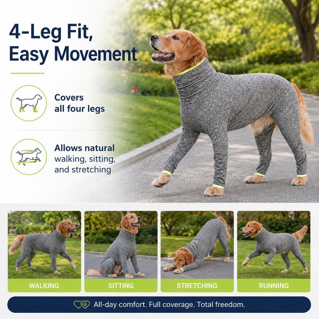 Ortekor Large Dog Full-Body Suit for Indoor Wear - Stretch 4-Leg Coverall