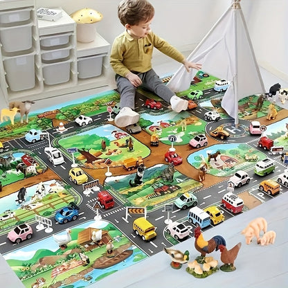 Kids Farm Road Play Rug 39 × 51 Inches Non-Slip Woven Floor Mat for Toddler Pretend Play Vehicle Track Nursery Decor