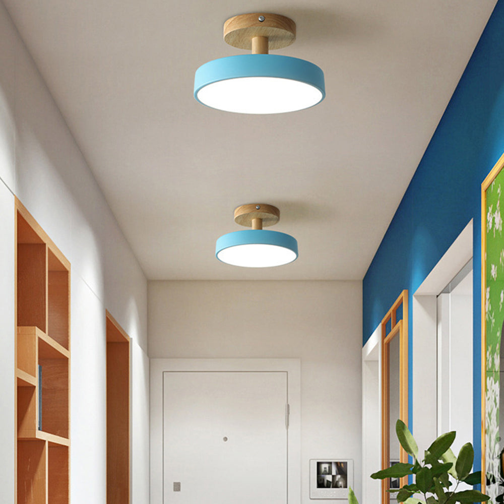 Wood & Metal Flush Mount Ceiling Light | Soft Color LED Fixture for Bedroom, Hallway & Living Room | 12W Scandinavian Style | Modern