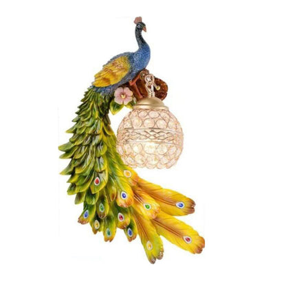 Crystal Globe Peacock Wall Light Fixture Decorative Resin Single Bulb Sconce for Bedroom Living Room Hallway Entryway Home Decor