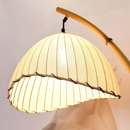 Arched Standing Lamp with Pleated Shade 63 in Natural Finish White Fabric Dimmable Ambient Lighting for Bedroom Living Room Modern Retro Des