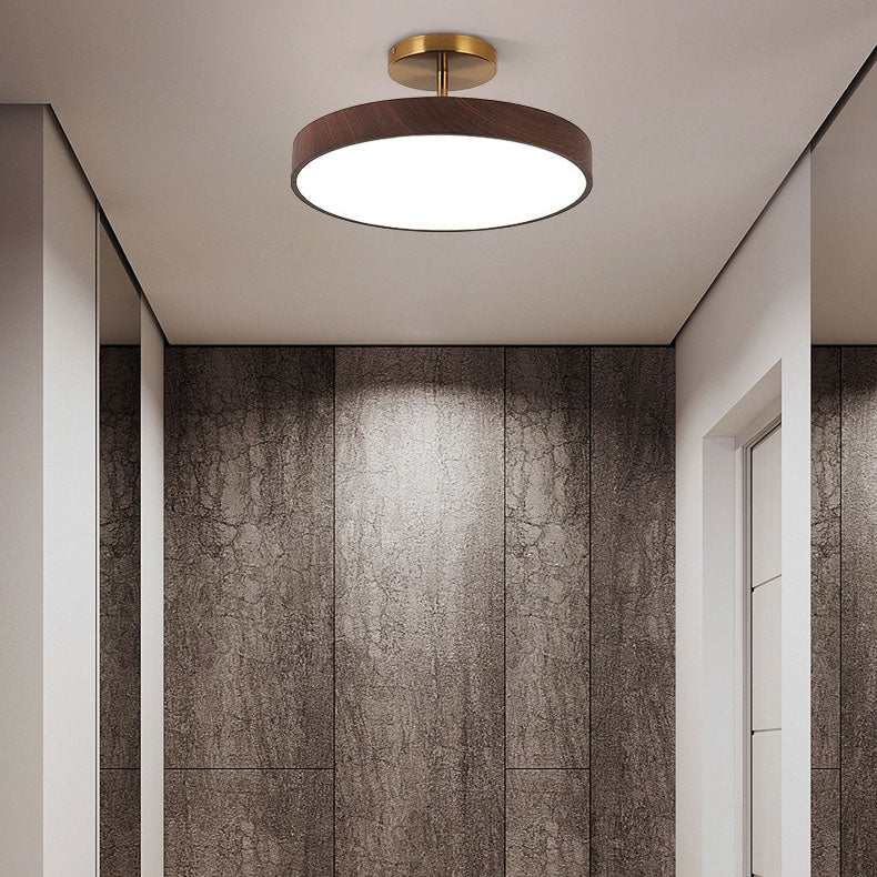 Round Iron Ceiling Light with Wood Grain Finish - Integrated LED Semi-Flush for Bedroom, Living Room & Hallway