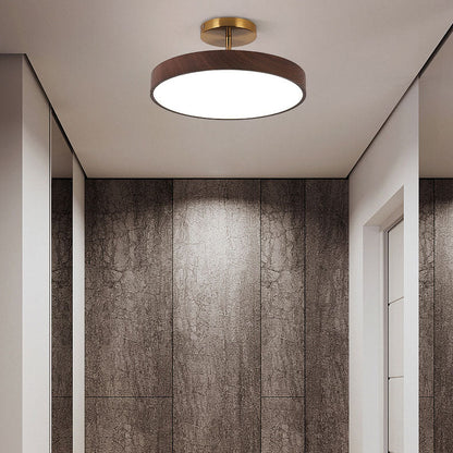 Round Iron Ceiling Light with Wood Grain Finish - Integrated LED Semi-Flush for Bedroom, Living Room & Hallway
