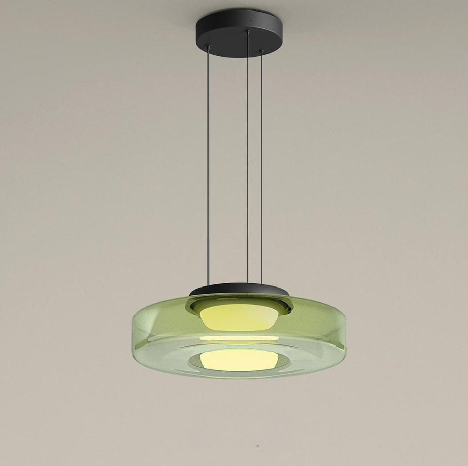 Stacked Glass Shade Ceiling Fixture 18 in Diameter Adjustable Height 12W Warm LED Kitchen Island Dining Room Modern Sculptural Hanging Light