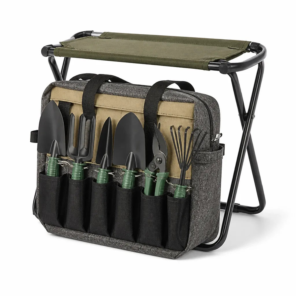 Stainless Steel Tools and Folding Stool Garden Tool Kit (8-Piece Set)