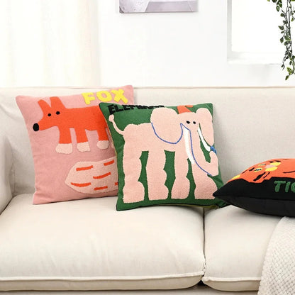 Embroidered Throw Pillow Cover 18x18 Inch Square Animal Motif Scandinavian Style Cotton Poly Blend Slipcase Sofa Bedroom Decor Couch Accent