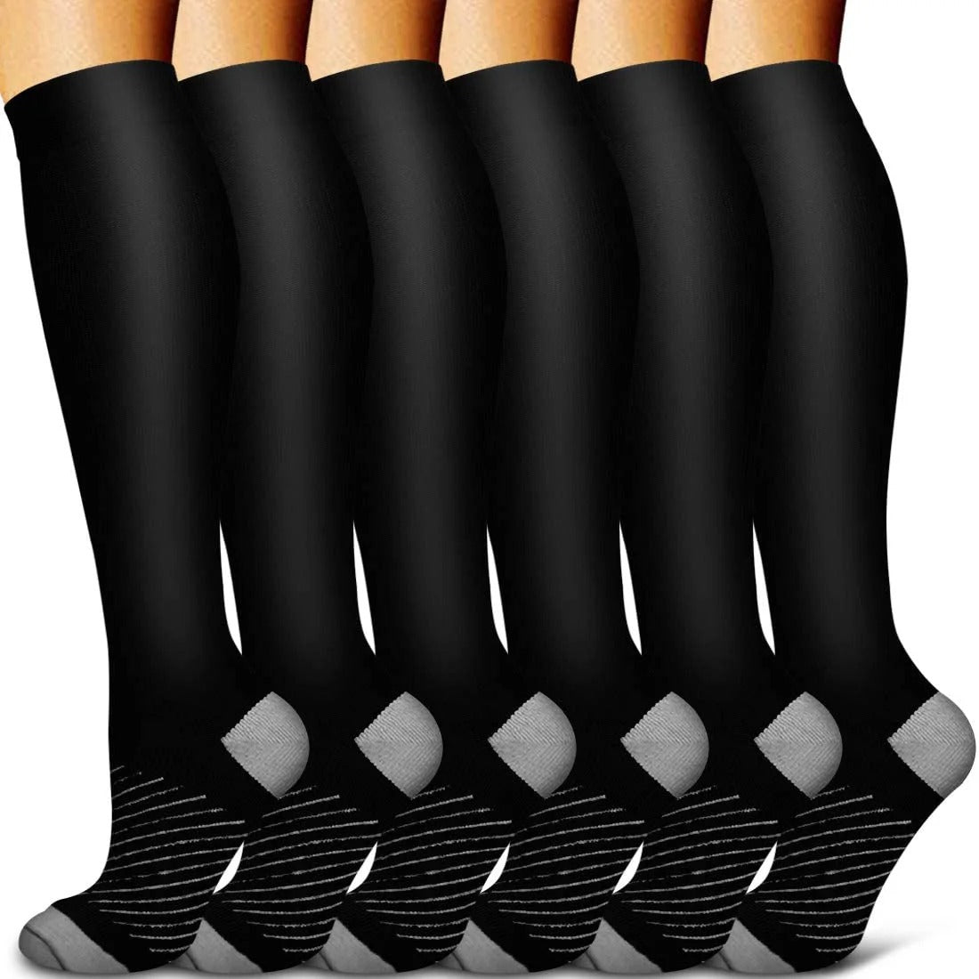 Knee-High Support Hosiery for Enhanced Leg Circulation – 6-Pair Value Set, Graduated Pressure Design for Men & Women
