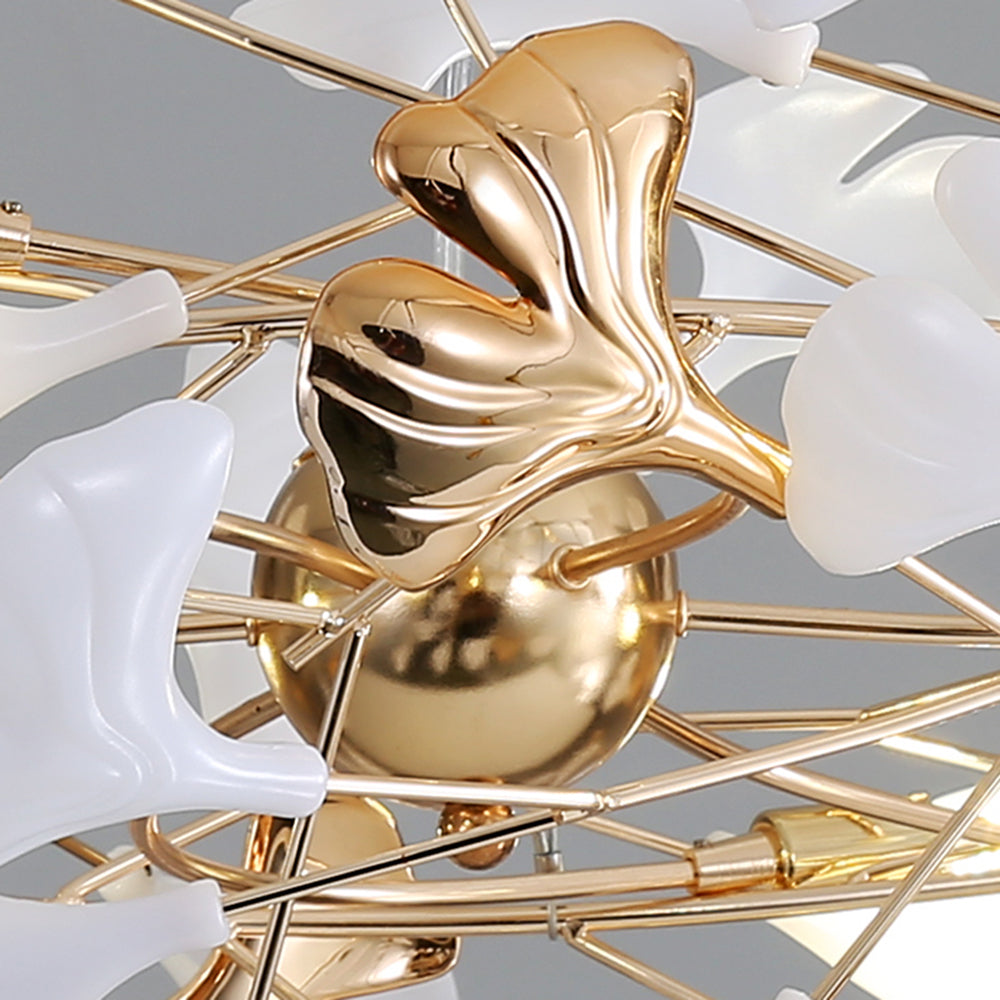 Ceramic Leaf Cluster Pendant Light with Adjustable Cord – Gold Metal Frame Multi-Bulb Chandelier for Dining Room, Living Room & Bedroom