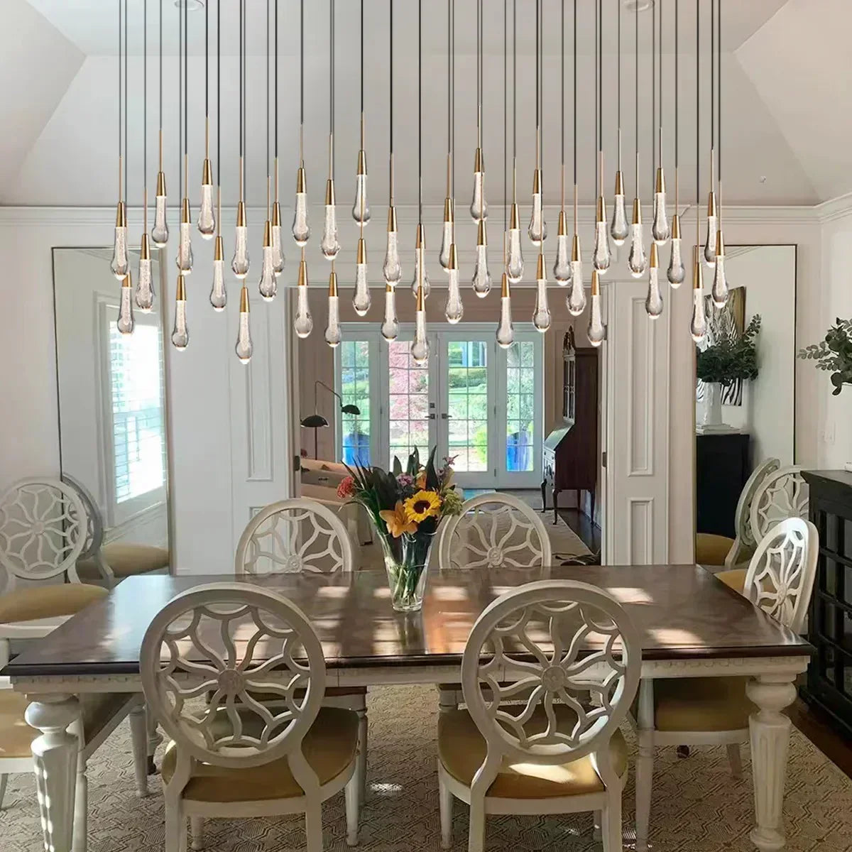 Cascading Raindrop Linear LED Chandelier – Textured Glass Orbs, Adjustable Height, Vaulted Ceiling Ready – 37 to 120 Inch Options for