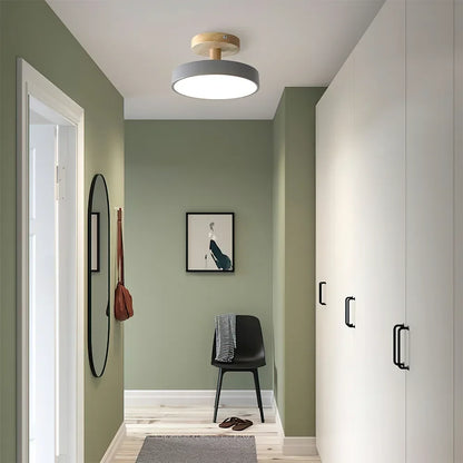 Wood & Metal Flush Mount Ceiling Light | Soft Color LED Fixture for Bedroom, Hallway & Living Room | 12W Scandinavian Style | Modern
