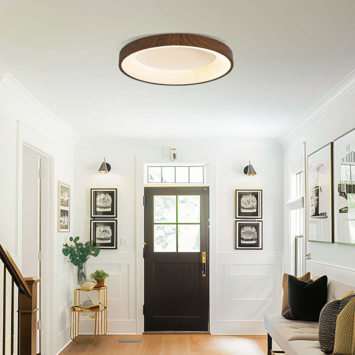 Round Flush Mount LED Fixture 14 in Wood Grain Acrylic Iron Low Profile for Bedroom Hallway Kitchen Entry Modern Scandinavian