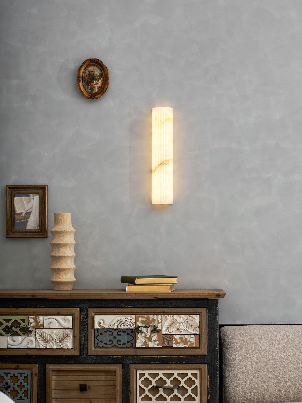 Natural Stone Wall Sconce 12 in Integrated LED Ribbed Surface Indoor Lighting Fixture for Bedroom Hallway Living Room Warm Ambient Glow