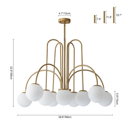 Ten-Globe Adjustable Chandelier 38.6 in Wide Frosted Glass Spheres Black Brass Chrome Modern Dining Room Foyer Statement Lighting Mid-Centur