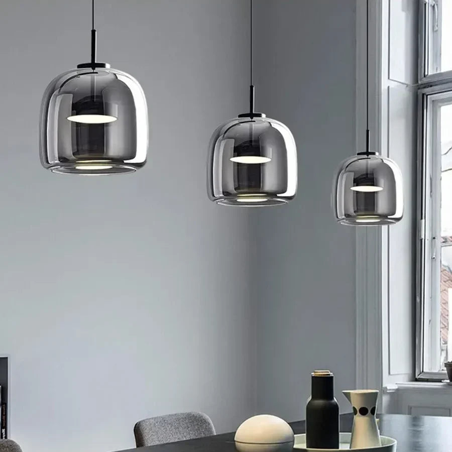 Glass Drop Ceiling Fixture 40 in Adjustable Height Cognac Smoke Gray Over Island Dining Table Modern Nordic Minimalist Hanging Lamp Bedroom